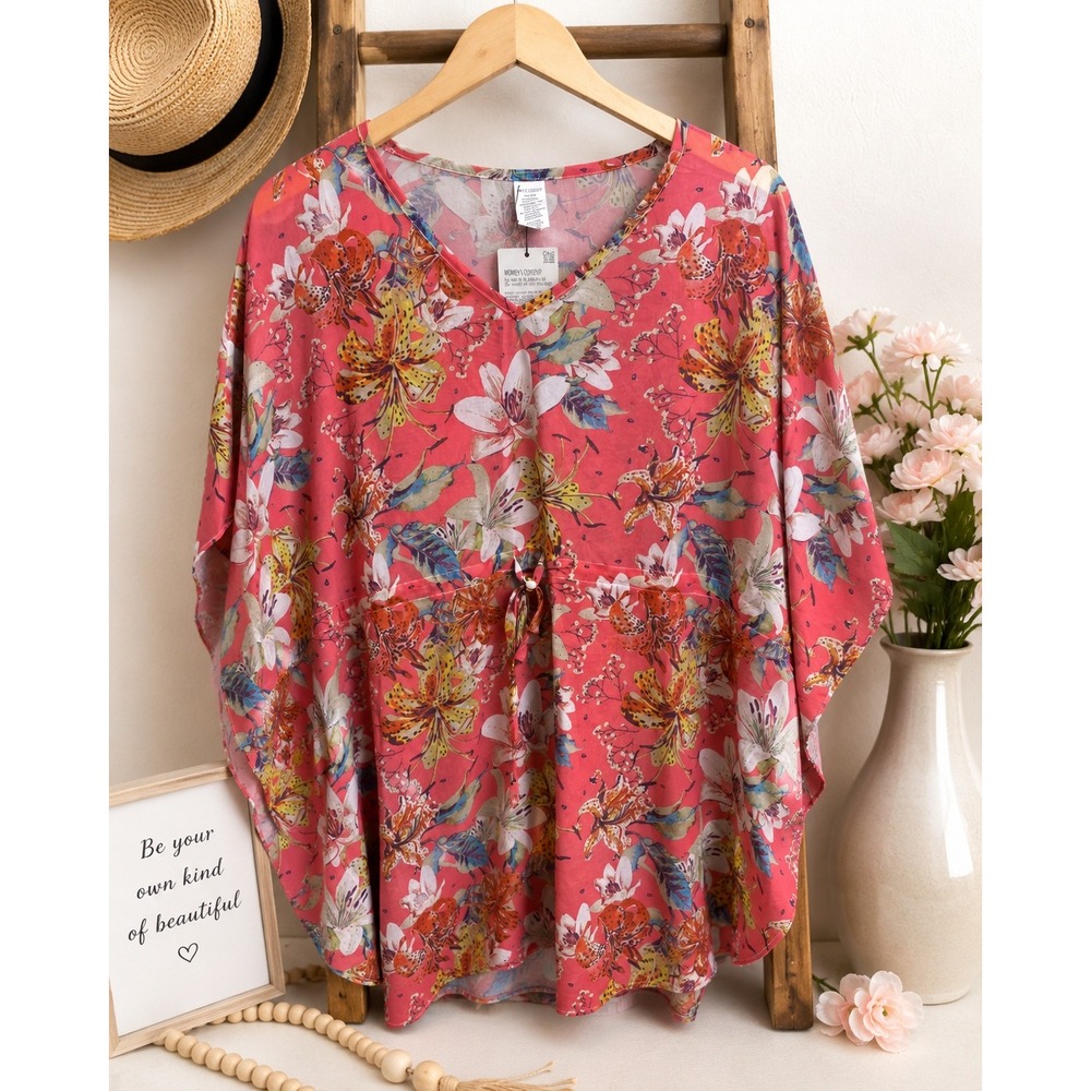 West‎ Loop Womens Pink Floral Kaftan Swim Coverup One Size V-Neck Drawstring NEW
